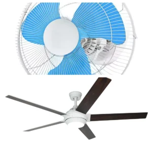 A visual guide comparing Orbit Fan vs Ceiling Fan options for different environments. The top image features a high-velocity Orbit Fan (or Auto Fan) with protective grills and blue blades, ideal for 360-degree circulation in shops or offices. The bottom image displays a decorative residential Ceiling Fan with sleek dark blades and an integrated LED light, designed for quiet comfort in living rooms and bedrooms.