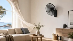 Wall-mounted fan installed in a modern living room for efficient airflow