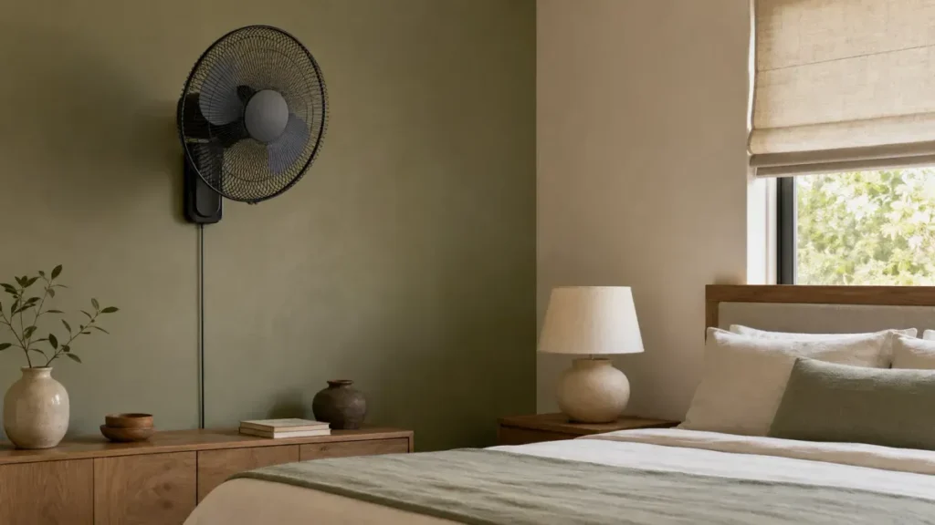 Quiet wall-mounted fan installed in a bedroom for comfortable cooling