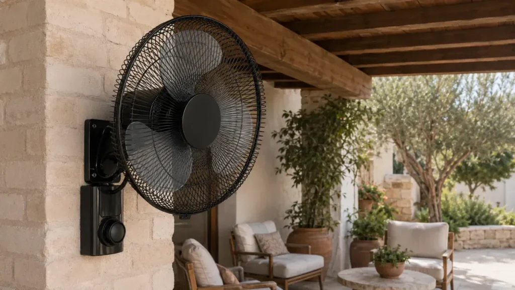Outdoor wall-mounted fan installed on a covered patio