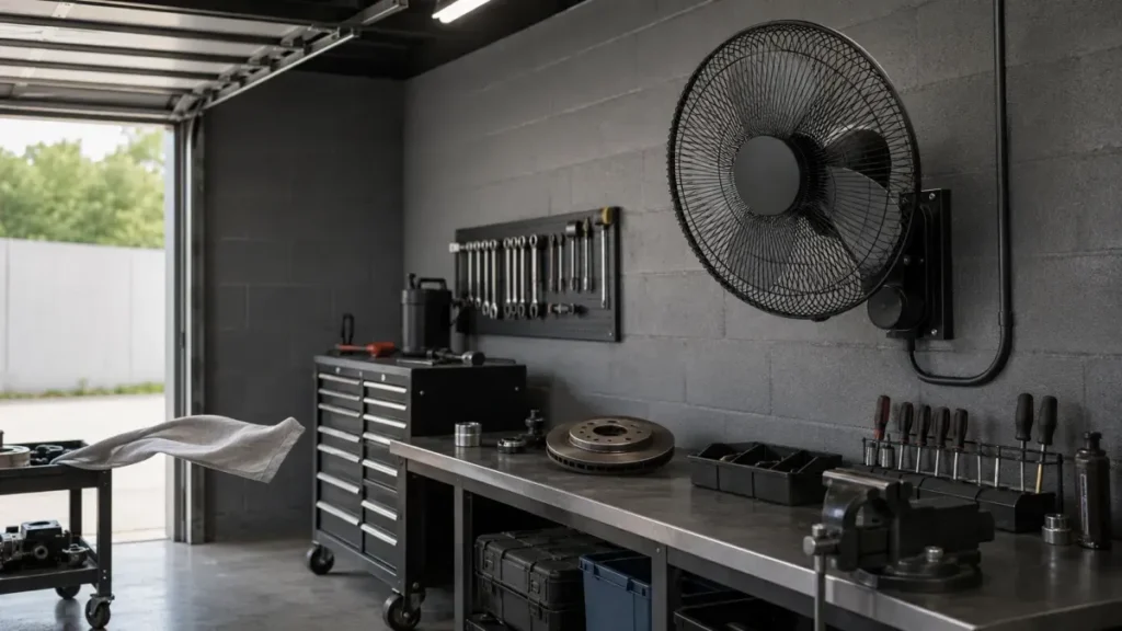 Wall-mounted fan for garage and workshop airflow