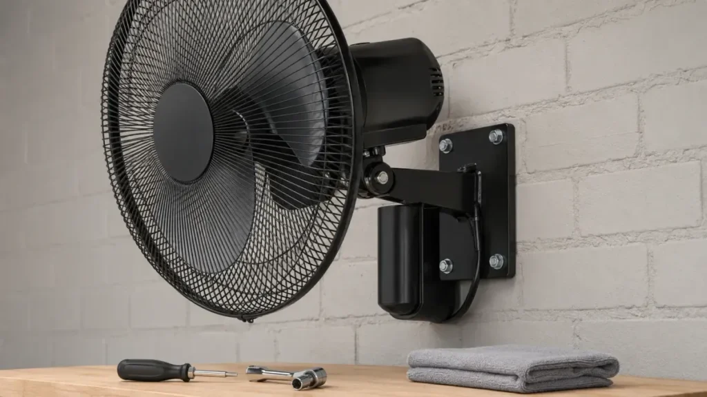 Wall-mounted fan installation and maintenance with secure bracket