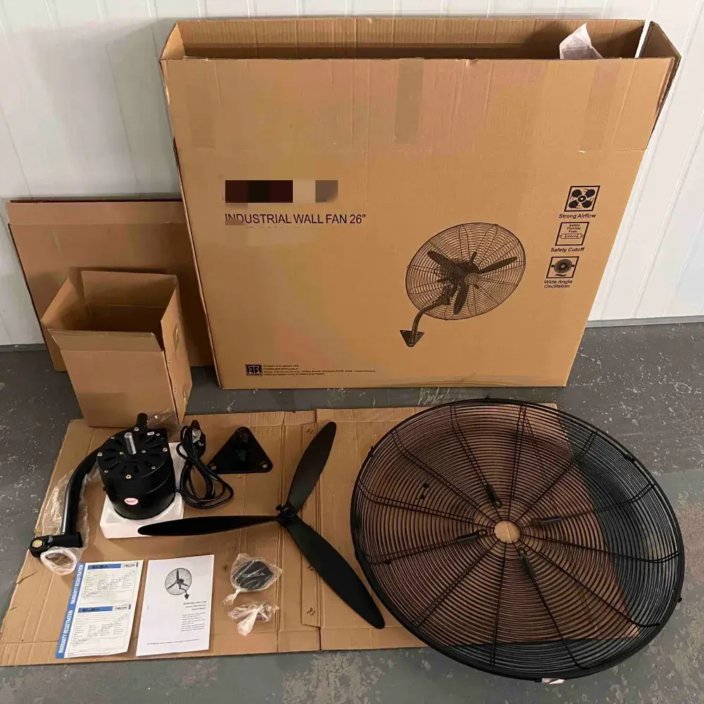 Industrial electric fan parts carton manual and accessories prepared for packaging inspection