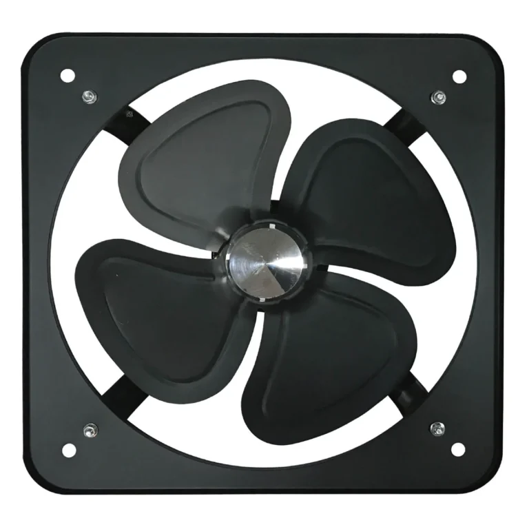 A high-performance industrial exhaust fan designed for heavy-duty ventilation needs. This robust unit features a durable square metal frame, four aerodynamic black blades, and a central motor hub, making it ideal for removing heat, odors, and stale air from warehouses, workshops, or commercial kitchens.
