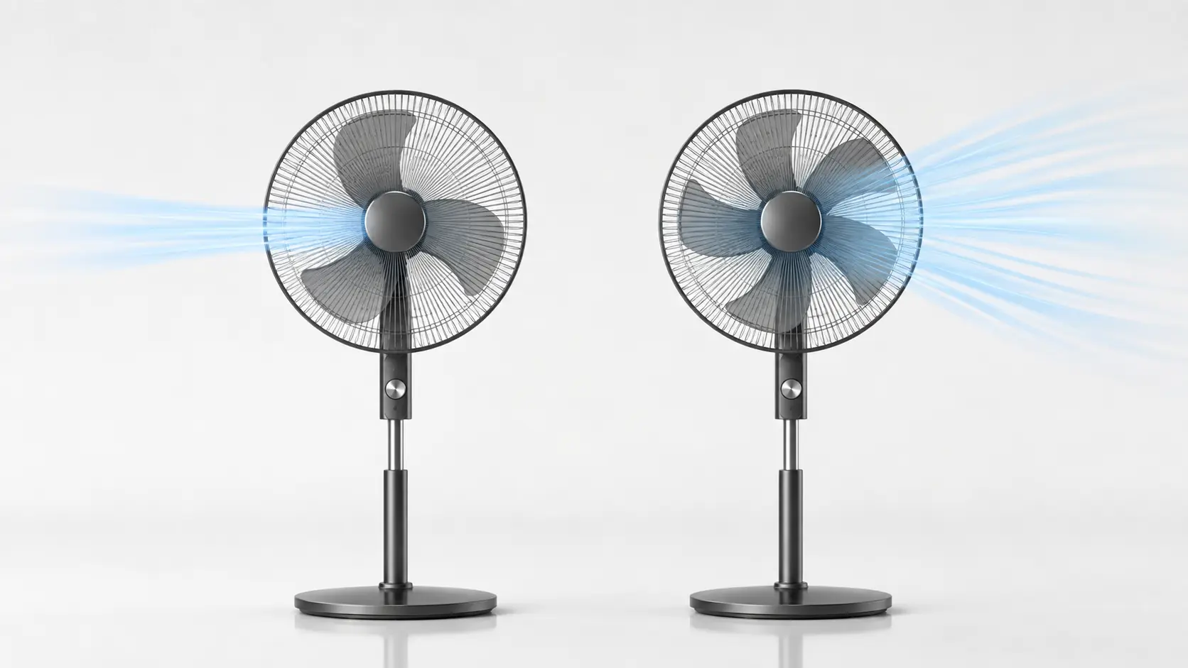 Side-by-side comparison of two matching black pedestal fans in a clean studio, with exactly three blades on the left and five blades on the right. Pale blue airflow streams illustrate the focused breeze of the 3-blade fan and the wider, smoother airflow of the 5-blade fan.