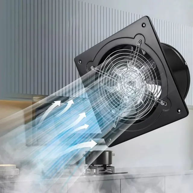 Metal Exhaust fan unit with blue arrows showing airflow above a modern bathroom