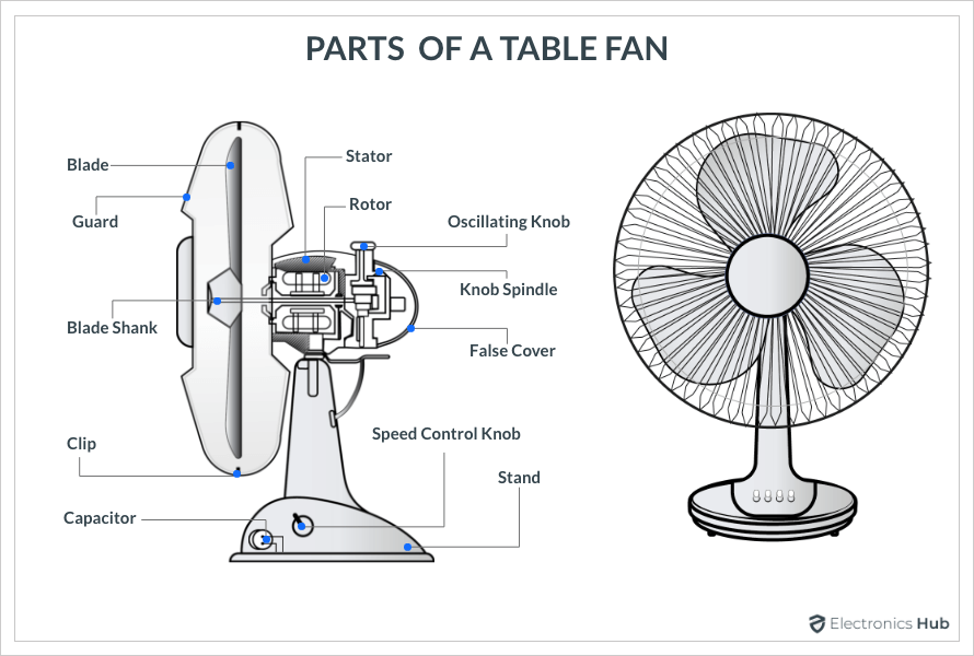 Diagram showing labeled parts of a table fan, including blade, motor, stand, and controls.
