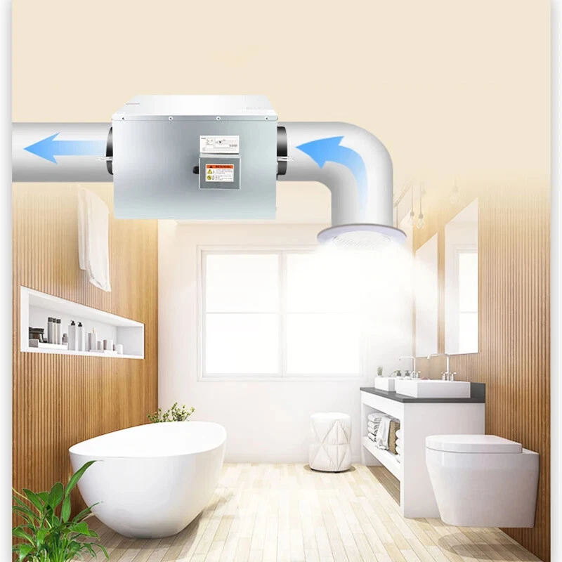 Ventilation fan unit with directional airflow arrows above bathroom interior