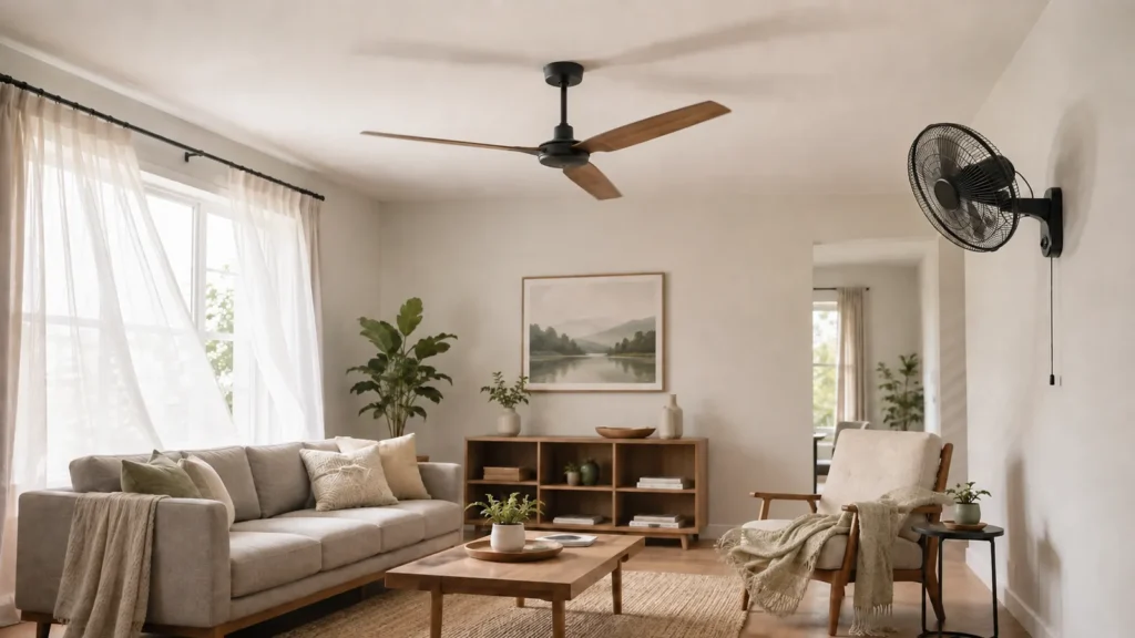 Bright modern living room with a wooden-blade ceiling fan centered above the seating area and a black wall-mounted fan angled toward a separate armchair, illustrating whole-room air circulation versus focused cooling in soft natural daylight.