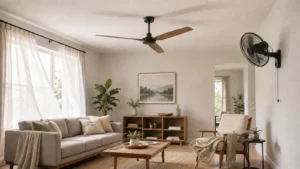 Bright modern living room with a wooden-blade ceiling fan centered above the seating area and a black wall-mounted fan angled toward a separate armchair, illustrating whole-room air circulation versus focused cooling in soft natural daylight.