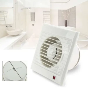 White wall-mounted bathroom exhaust fan with front grille and power switch