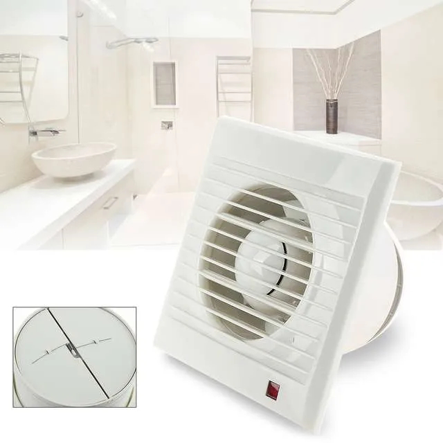 White wall-mounted bathroom exhaust fan with front grille and power switch
