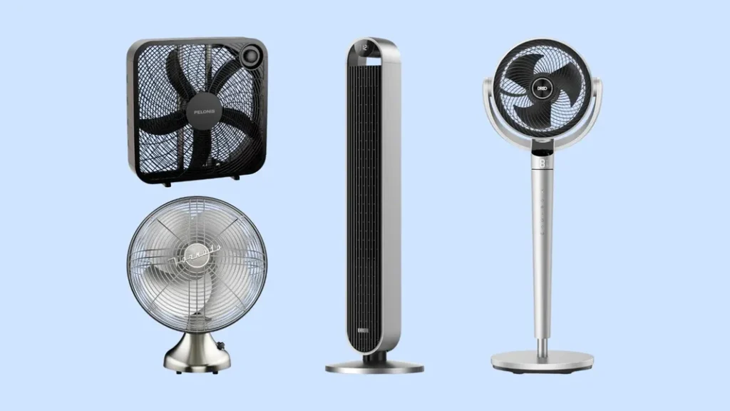 An image comparing different types of fans to illustrate the differences between Floor fan vs. pedestal fan. On the left, two floor fans are shown (a black box fan and a retro silver table fan), ideal for placement on surfaces or directly on the ground. On the right, two pedestal fans are displayed (a slim tower fan and an adjustable stand fan with an oscillating head), designed to stand upright for greater height and reach.