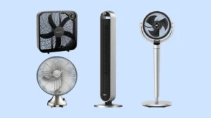An image comparing different types of fans to illustrate the differences between Floor fan vs. pedestal fan. On the left, two floor fans are shown (a black box fan and a retro silver table fan), ideal for placement on surfaces or directly on the ground. On the right, two pedestal fans are displayed (a slim tower fan and an adjustable stand fan with an oscillating head), designed to stand upright for greater height and reach.