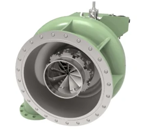 A product photo of a heavy-duty industrial centrifugal blower. The unit features a robust, pale green, scroll-shaped metal housing. At the front, a large, silver mounting flange with multiple bolt holes is visible. Inside, the precision blades of a metallic impeller can be seen, designed for moving air or gas at high pressure.