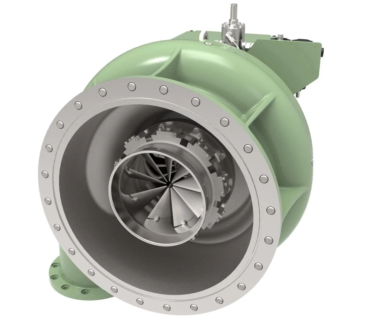 A product photo of a heavy-duty industrial centrifugal blower. The unit features a robust, pale green, scroll-shaped metal housing. At the front, a large, silver mounting flange with multiple bolt holes is visible. Inside, the precision blades of a metallic impeller can be seen, designed for moving air or gas at high pressure.