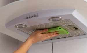 A detailed view of a modern, white kitchen exhaust fan with a metallic mesh grease filter, part of a comprehensive kitchen exhaust fan cleaning guide. The fan features two round lights and a row of silver control buttons, all mounted neatly under a white cabinet.