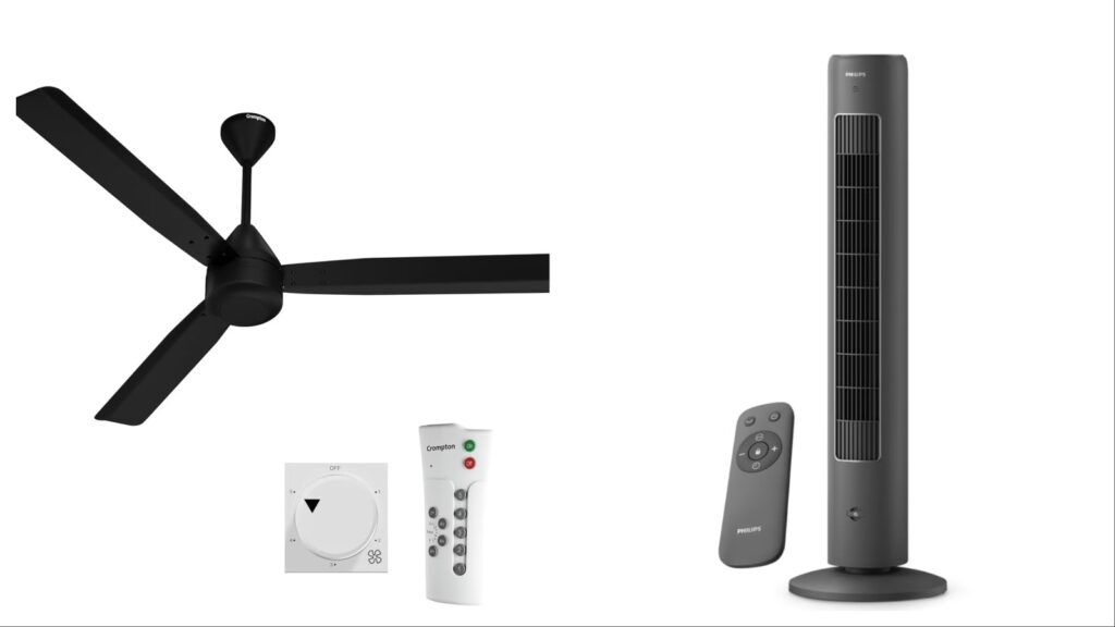 Side-by-side comparison of a black ceiling fan with remote and wall-mounted controls on the left, and a sleek black Philips tower fan with a separate remote control on the right, demonstrating the differences between ceiling fans and tower fans.