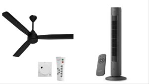Side-by-side comparison of a black ceiling fan with remote and wall-mounted controls on the left, and a sleek black Philips tower fan with a separate remote control on the right, demonstrating the differences between ceiling fans and tower fans.