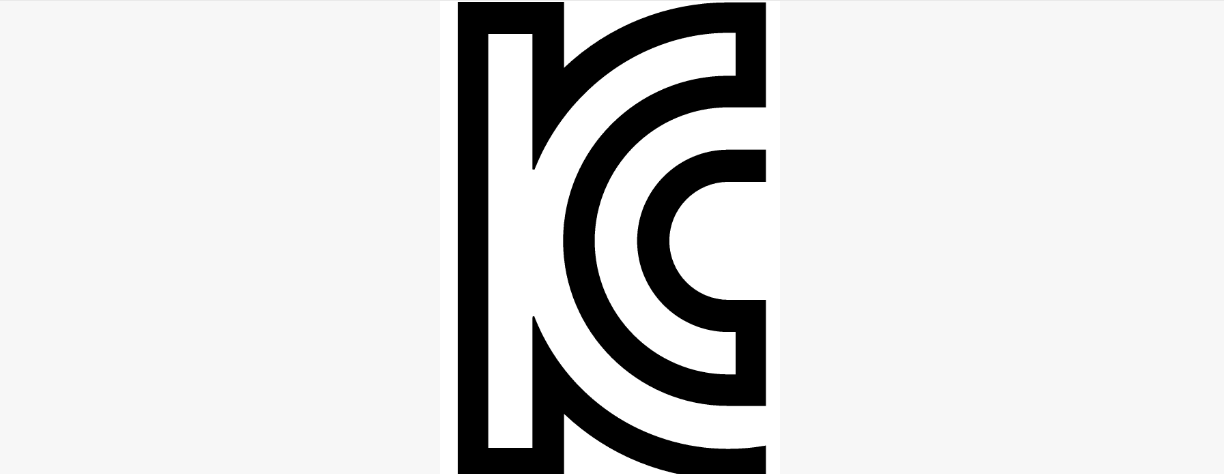 A bold, black and white graphic showing the stylized "KC" logo, representing the Korea Certification Mark, with clean lines and overlapping shapes, signifying product safety and compliance in South Korea.