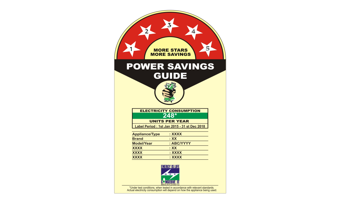 A sample Indian BEE Star Rating label that visually explains 'What is BEE Star Rating?'. The label is a power savings guide, displaying a 3-star rating out of 5, with the text 'More Stars More Savings'. It shows an electricity consumption of 248 units per year, a label period from 2015-2018, and placeholder fields for appliance type and brand. The official BEE 'Conserve It' logo is at the bottom.