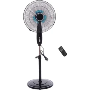 Black oscillating stand fan with 5 translucent blue blades and a digital control panel, displayed with a remote control next to it on a white background.