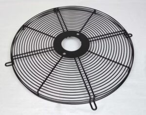 A heavy-duty replacement spiral fan guard designed for industrial or high-velocity fans. This durable black metal safety grill features a tight, continuous spiral wire design, offering superior impact protection for fan blades while maintaining optimal airflow efficiency.