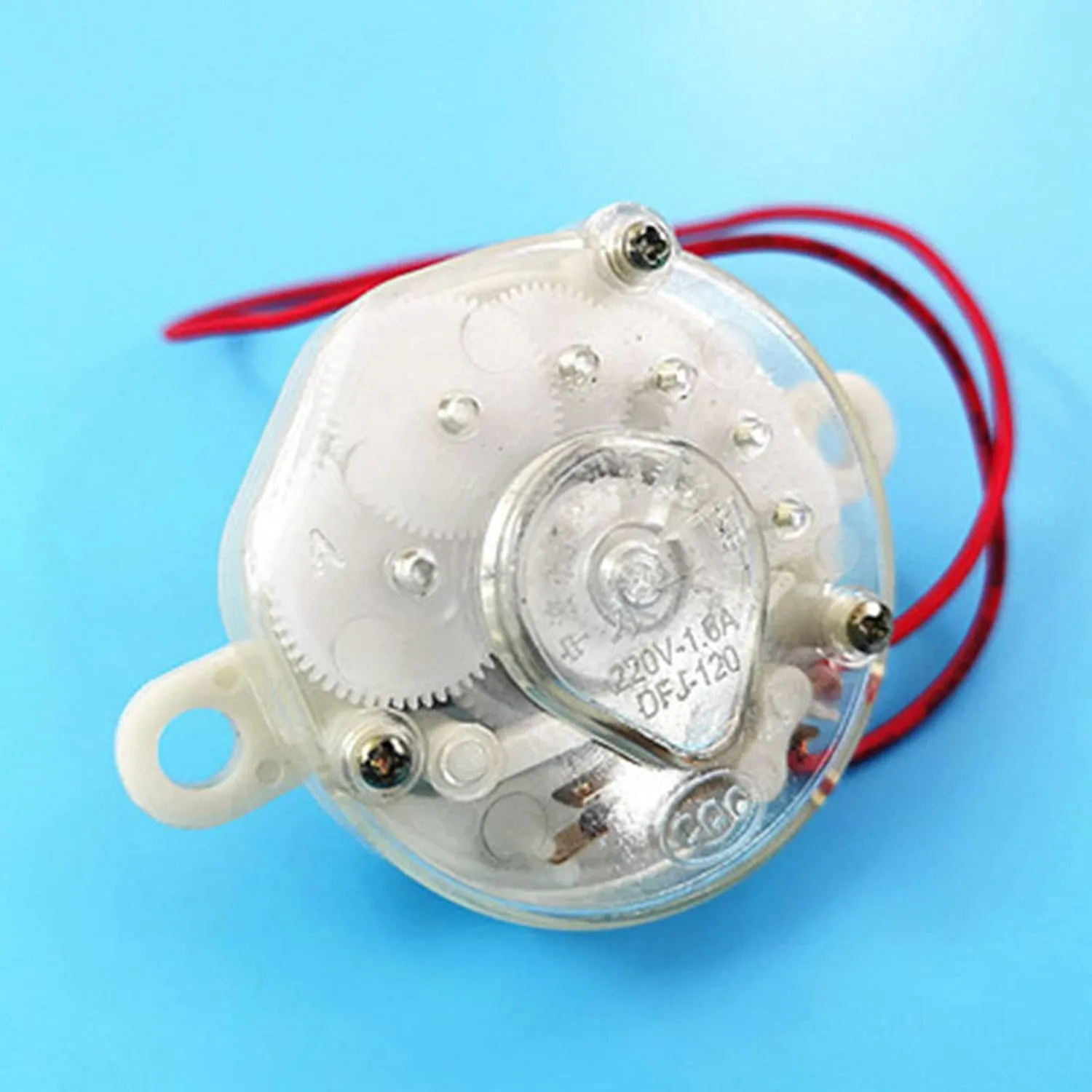 A high-quality electric fan mechanical timer replacement switch (Model DFJ-120). This component features a clear plastic housing that reveals the durable internal gear mechanism. Rated for 220V-1.6A, it is designed to provide reliable automatic shut-off timing control for pedestal and wall-mounted fans.