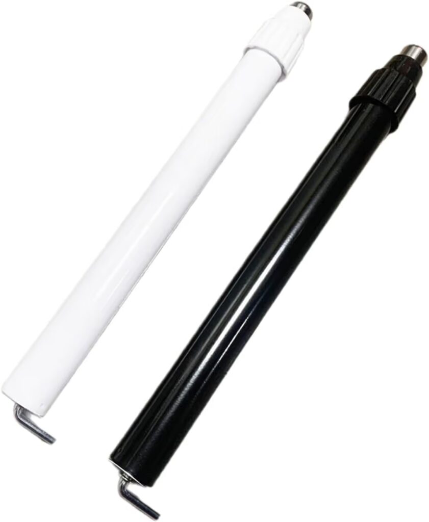 A set of replacement household fan pedestal poles featuring both white and black color options to match different fan models. These adjustable metal stands are equipped with sturdy plastic height-locking nuts and L-shaped base connector pins, providing a versatile fit for repairing or upgrading standard domestic standing fans.