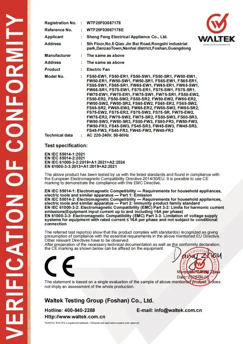 CE Certificate for Household Pedestal Fans
