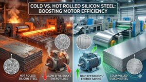 A high-resolution comparative infographic and photographic image showing how hot-rolled and cold-rolled silicon steel affect electric motor efficiency. The top central title states: "COLD VS. HOT ROLLED SILICON STEEL: BOOSTING MOTOR EFFICIENCY". The image is vertically split. The left section, with warm orange and red tones representing heat and energy loss, is dedicated to "HOT ROLLED SILICON STEEL". At the top, a rugged steel mill is producing glowing red-hot metal with large rolling machines and heat. Below, a close-up shows a stack of rough-textured, dark hot-rolled steel sheets. A magnified inset circle displays a disorganized, random grain structure. Further below, a schematic inset shows turbulent, inefficient magnetic flux lines. At the bottom center, an old, overheating motor is pictured with a downward-pointing red arrow and the text "LOW EFFICIENCY / ENERGY LOSS". The right section, with cool blue and green tones representing controlled temperature and efficiency, is dedicated to "COLD ROLLED SILICON STEEL". At the top, a clean, modern facility uses advanced automated machinery for cold-rolling silver metal sheets. Below, a close-up shows a stack of smooth, reflective, light-colored cold-rolled steel sheets. A magnified inset circle displays a perfectly aligned, neat, oriented grain structure (取向硅钢). Further below, a schematic inset shows smooth, efficient magnetic flux lines. At the bottom center, a clean, modern motor runs smoothly with an upward-pointing green arrow and the text "HIGH EFFICIENCY / ENERGY SAVING".