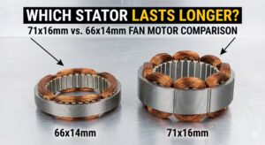A detailed product comparison photograph on a brushed metal workbench. At the top, bold white and yellow text poses the question: "WHICH STATOR LASTS LONGER? 71x16mm vs. 66x14mm FAN MOTOR COMPARISON." Arrows point from the text to two unmounted AC fan motor stators below, shown side-by-side. On the left, the stator labeled "66x14mm" is noticeably shorter and has a smaller circumference. It features a ring of thin copper wire windings that are flatter and more open. On the right, the stator labeled "71x16mm" is significantly taller and has a larger diameter, constructed with more steel laminations and features thicker, more voluminous, and much denser copper wire windings, suggesting more power and durability. The visual difference in size and copper wire amount is distinct.