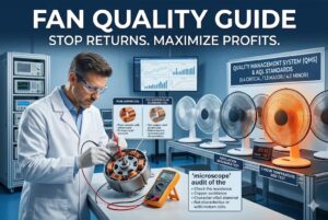 A detailed, photo-realistic infographic within an industrial quality control (QC) laboratory, illustrating comprehensive procedures and standards for electric fan manufacturing, titled at the top: "FAN QUALITY GUIDE: STOP RETURNS. MAXIMIZE PROFITS." On the left, a technician in a lab coat, safety glasses, and gloves examines an opened fan motor with a digital multimeter. To his right, a graphic comparison contrasts 'PURE COPPER COIL' and 'CCA (COPPER-CLAD ALUMINUM) COIL', listing their respective advantages and attributes. Below them, a blue text box details the "'microscope' audit of the" fan motor coils and wire, including steps to check resistance, copper assistance, and character-clad aluminu, not characteristics or within motom coils. Behind him, a row of electric fans undergoes various performance and durability tests, including an 'OSCILLATION ENDURANCE TEST' and a '2-HOUR TEMPERATURE RISE TEST', with a monitor displaying QC data charts. A prominent board on the right outlines the 'QUALITY MANAGEMENT SYSTEM (QMS) & AQL STANDARDS', listing metrics for '0.4 CRITICAL', '1.5 MAJOR', and '4.0 MINOR' defects. The overall scene conveys professional, scientific, and thorough industrial QC and manufacturing processes.