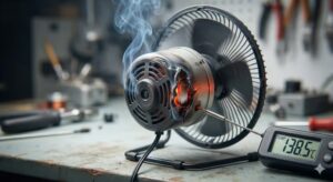 A detailed close-up photograph of a small electric fan actively smoking and overheating on a cluttered electronics repair workbench. The metal motor housing is melted and charred, revealing glowing orange-red coils inside a burnt hole. White smoke is billowing upwards from the damaged area. A digital temperature probe is inserted into the motor casing, with the thermometer displaying a dangerous "TEMP: 138.5°C". The background shows a variety of tools, wires, and electronic components.