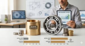 A detailed photograph comparing two types of bearings on a desk, designed for an OEM (Original Equipment Manufacturer) decision-making context. In the center-left, a cylindrical brass-colored sleeve bearing is labeled 'SLEEVE (Oil-lubricated)' with short stacks of coins in front. To its right, an open silver ball bearing showing internal steel balls is labeled 'BALL (rolling)' with significantly taller stacks of coins in front, indicating a higher initial cost. Below the physical objects are clear bar charts. The chart for 'Sleeve' shows a shorter bar for 'INITIAL COST' and a bar reaching about 50 for 'LIFESPAN'. The chart for 'Ball' shows a longer bar for 'INITIAL COST' and a bar reaching 100 for 'LIFESPAN'. In the background, a person holds a tablet with a complex chart titled 'OEM BUDGET CHOICE' and 'ROI' (Return on Investment). A whiteboard with mechanical blueprints and computer monitors with other charts are visible, reinforcing an engineering office environment. The image visually guides a manufacturer on the cost versus long-term value trade-offs.