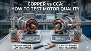 A split-screen infographic comparing two industrial electric motors, titled "COPPER vs CCA: HOW TO TEST MOTOR QUALITY" at the top in large white text against a blurred workshop background. On the left, an open motor with reddish-brown coils is labeled "PURE COPPER". A digital multimeter reads "0.2 Ω" and a digital scale shows "1.2 kg", with text "HEAVIER WEIGHT, LOW RESISTANCE" below. On the right, an identical open motor labeled "CCA (FAKE COPPER)" shows windings with silver-white metal exposed beneath the outer copper coating where insulation has been peeled back. A piece of stripped wire with a silver end lies in the foreground with an arrow from "SCRAPING A CORE" pointing to the motor. A digital scale reads "0.4 kg" and a digital multimeter reads "0.6 Ω", with text "LIGHTER WEIGHT, HIGH RESISTANCE" below. Both sides feature other lab equipment and toolboards in an industrial workshop setting. A scraping tool lies on the bench in the center foreground.