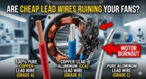 A detailed educational infographic comparison image with a large headline at the top asking: "ARE CHEAP LEAD Wires RUINING YOUR FANS?" Below the headline is an illustration of a disassembled fan motor with visible copper coils and three distinct types of cut-away lead wires fanning out. From left to right: a red insulated wire stripped to reveal multiple strands of pure copper, with a label reading: "100% PURE COPPER LEAD WIRE (GRADE A)"; a blue insulated wire showing a single thick silver-colored metal core with a thin outer copper layer, labeled: "COPPER-CLAD ALUMINUM (CCA) LEAD WIRE (GRADE B)"; and a gray insulated wire with a single thick silver-colored metal core, labeled: "PURE ALUMINUM LEAD WIRE (GRADE C)". Two red arrows point to a charred and damaged section of the CCA and aluminum wires, with a red text box pointing to the area reading: "MOTOR BURNOUT". The background shows a blurred professional laboratory or workshop setting with equipment and a fully assembled fan, reinforcing the context. The overall image visually contrasts Grade A pure copper wiring with Grade B (CCA) and Grade C (aluminum) wiring, suggesting that using cheaper alternatives leads to motor failure and burnout.