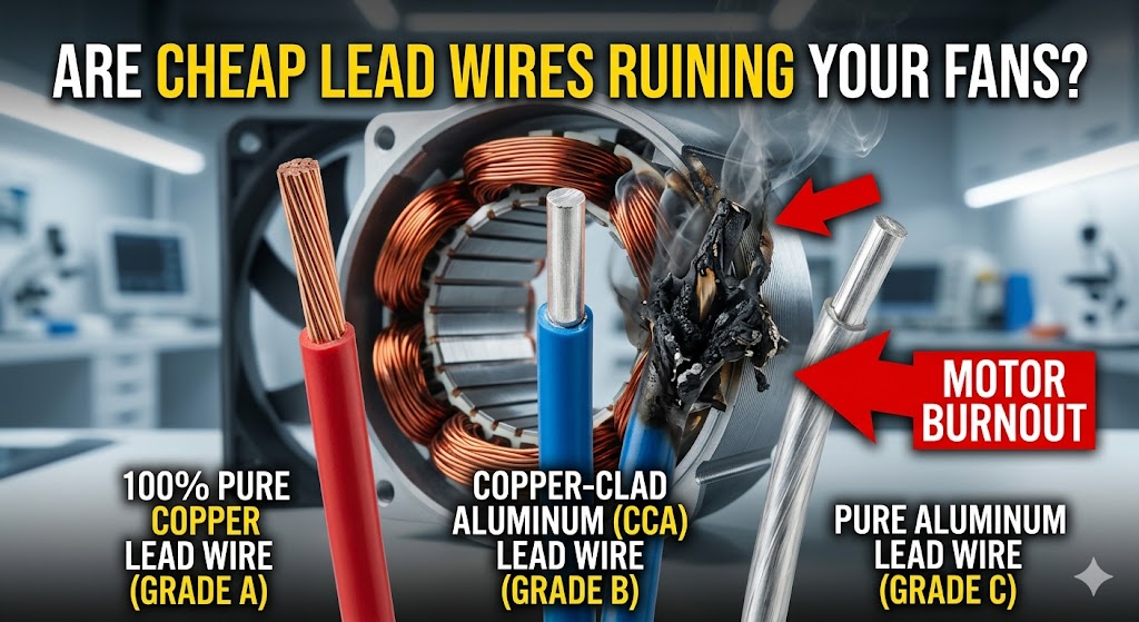 A detailed educational infographic comparison image with a large headline at the top asking: "ARE CHEAP LEAD Wires RUINING YOUR FANS?" Below the headline is an illustration of a disassembled fan motor with visible copper coils and three distinct types of cut-away lead wires fanning out. From left to right: a red insulated wire stripped to reveal multiple strands of pure copper, with a label reading: "100% PURE COPPER LEAD WIRE (GRADE A)"; a blue insulated wire showing a single thick silver-colored metal core with a thin outer copper layer, labeled: "COPPER-CLAD ALUMINUM (CCA) LEAD WIRE (GRADE B)"; and a gray insulated wire with a single thick silver-colored metal core, labeled: "PURE ALUMINUM LEAD WIRE (GRADE C)". Two red arrows point to a charred and damaged section of the CCA and aluminum wires, with a red text box pointing to the area reading: "MOTOR BURNOUT". The background shows a blurred professional laboratory or workshop setting with equipment and a fully assembled fan, reinforcing the context. The overall image visually contrasts Grade A pure copper wiring with Grade B (CCA) and Grade C (aluminum) wiring, suggesting that using cheaper alternatives leads to motor failure and burnout.