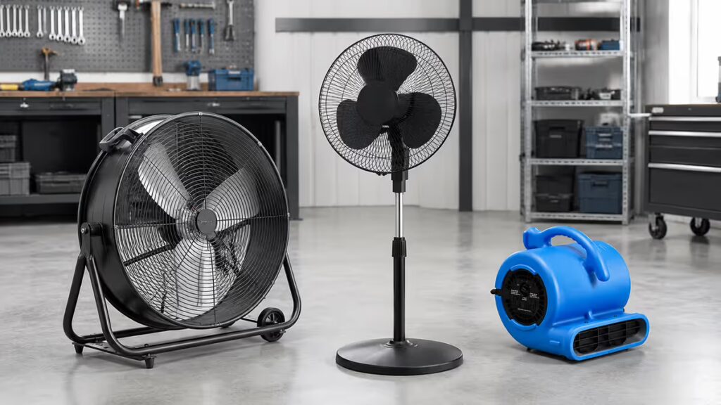 Comparison of a drum fan, pedestal fan, and blower fan in an industrial workshop