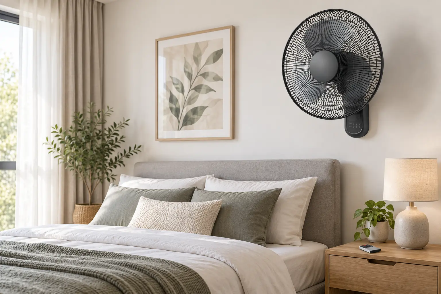 Black wall-mounted fan above a neatly made bed in a neutral bedroom with a remote on the bedside table