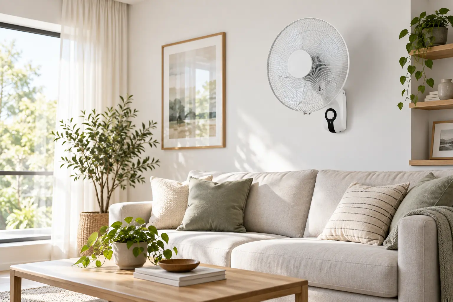 White wall-mounted fan above a beige sofa in a bright living room with wooden shelves and indoor plants