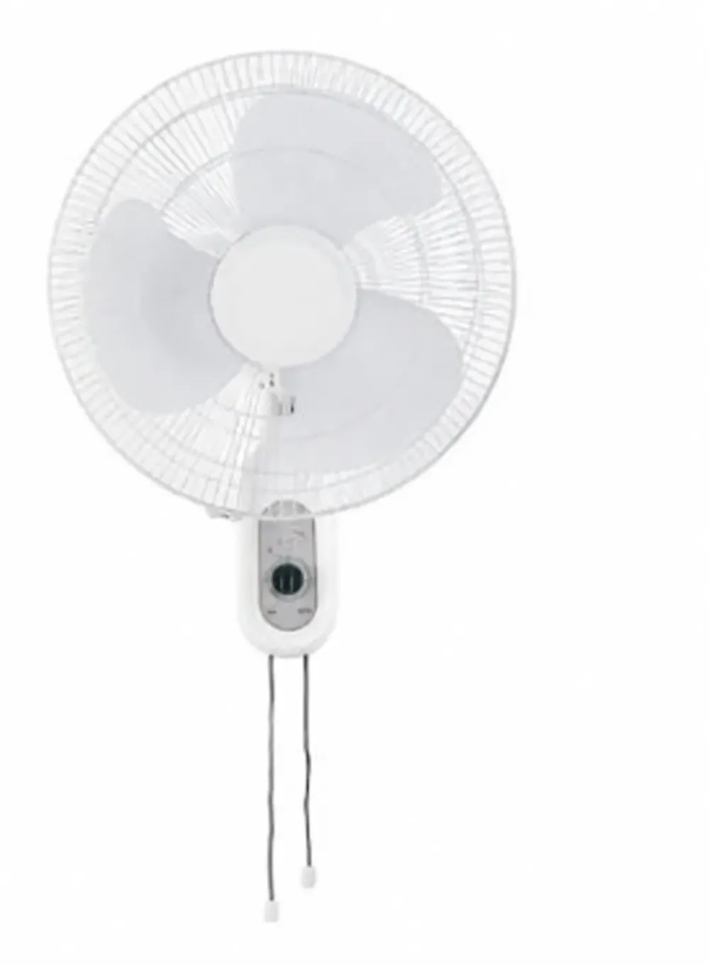 White wall-mounted fan with three translucent blades, a control panel and two hanging pull cords