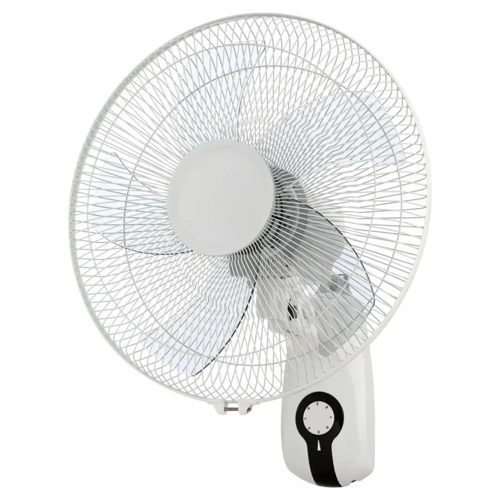 White wall-mounted fan with three translucent blades and a rotary speed control dial