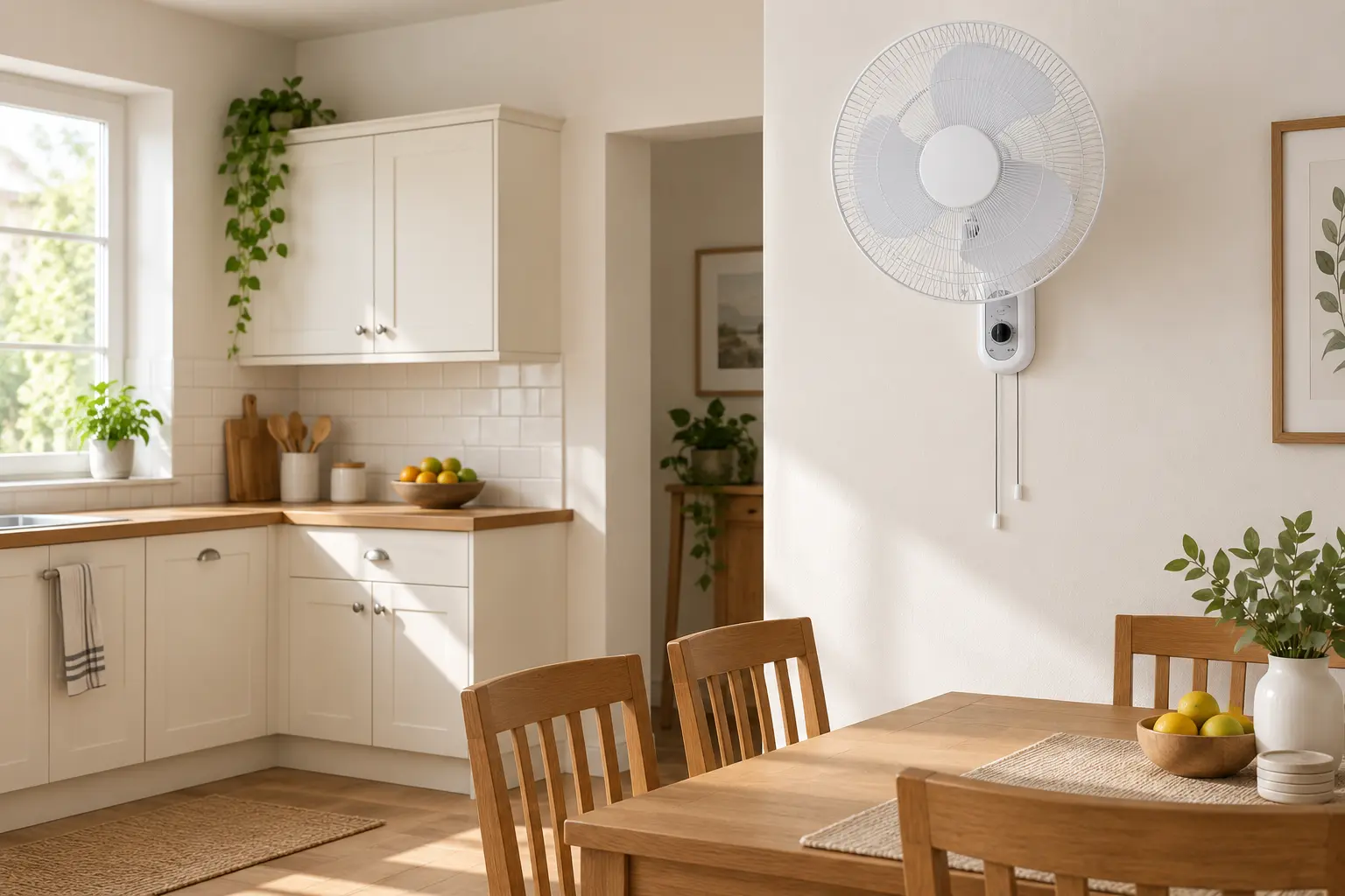 White pull-cord wall fan beside a wooden dining table in a sunlit kitchen and dining area