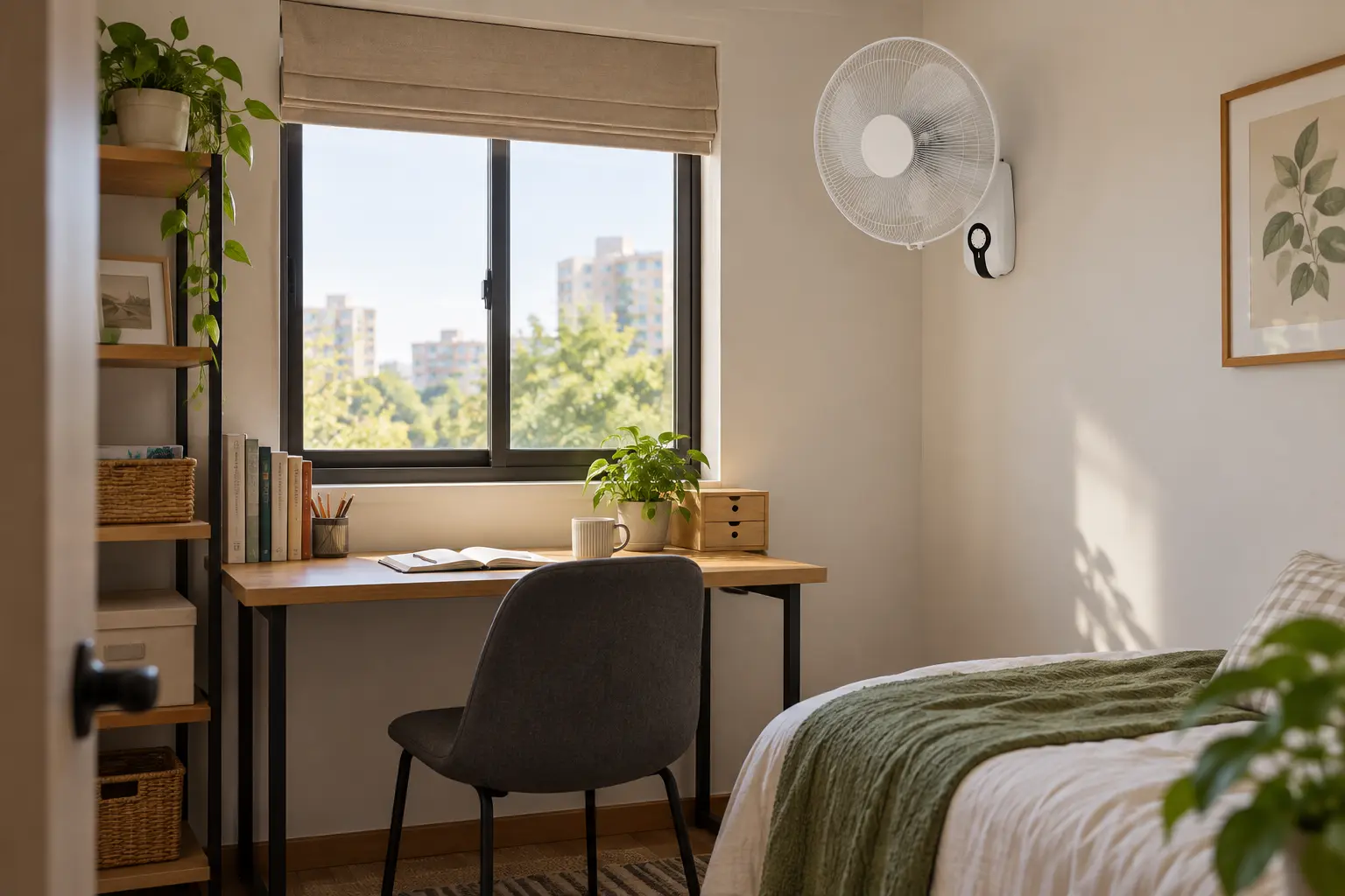 White wall-mounted fan above a desk in a compact guest room with shelving, a window and a bed