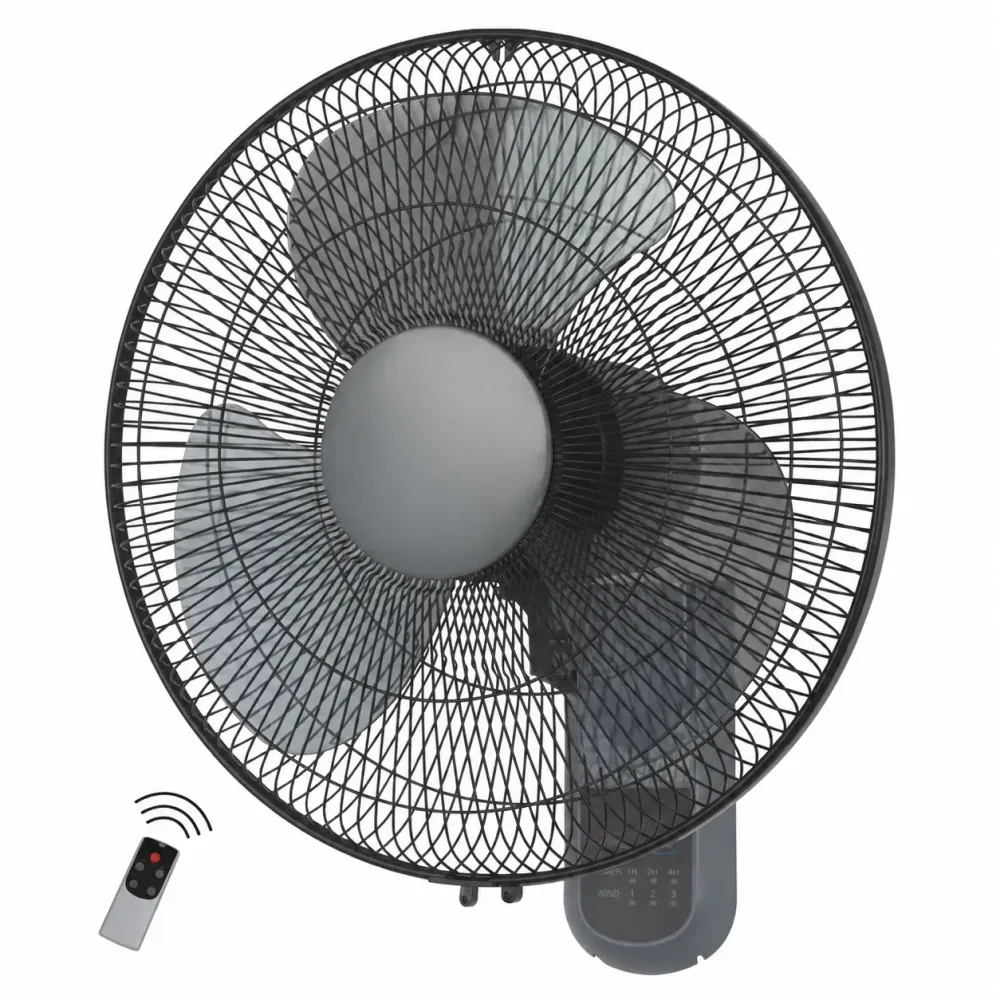Black wall-mounted fan with three translucent blades, an electronic control panel and a handheld remote